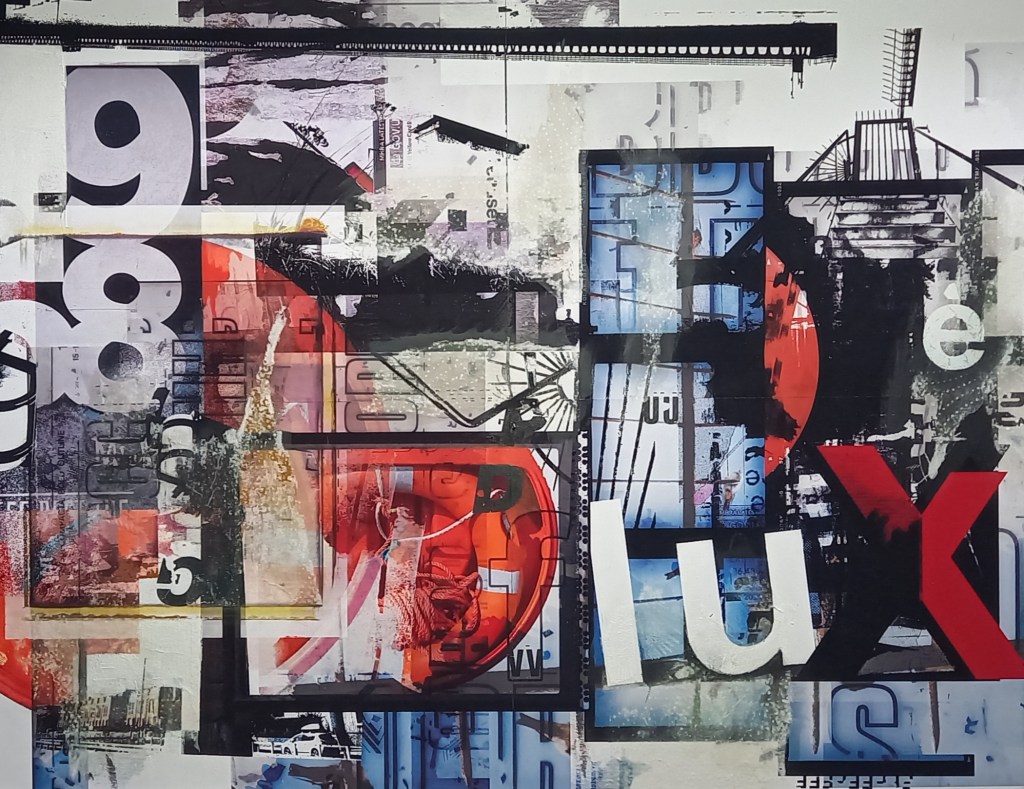 ‘Deconstructing the Construct’
   
The work is derived from personal experience, memory, encounter, and thought. The imagery that forms the inspiration for ‘Fragments’, is predominately taken from the North-East and brings together many 
disparate and contrasting elements that I encounter, often over 
prolonged periods of time. Reporting on daily experiences, putting down what I see in unique visual terms. I am fascinated with 
structures, buildings, signs, symbols, detritus and discarded elements that are the fabric of our towns and cities.  I take inspiration from the world around me, with a compulsion to do something about and with it. Everything I use is relative, and everything is acceptable. 
Multiplicity, variation, and inclusion are essential in the 
compositions.


Much of the work is built up with fragments of imagery that lose their original context, purpose, or identity, as they become absorbed into the compositions. There is a loss of pictorial definition between the photographic source and its subsequent re-worked appearance, as it is subjected to a series of stages that alters its original 
characteristics, enabling the reality of the image to flee, leaving only a crude, and faded memory. 
Multiple images are layered and positioned for their visual appeal as shapes and forms, as opposed to any obvious correlation between 
themselves.


Clues to original location, time and place become confused, as the 
imagery is conjoined, morphed, and juxtaposed, creating jarring 
narratives. As a series of works, they tell their own stories. They are a visual document of my experience. 
Text is also a crucial, integral, and recurring element in all of the work. Wording in books, song lyrics and titles, street signage, 
packaging are but a few of the sources that I use. Text forms the titles or inspires the creation of a particular work. The written word adds a wholly different dimension, as it can inform, add meaning, 
instigate, or mislead the viewer. I am interested in the appropriation of text in different visual contexts, it can be a distraction from the other elements, as we tend to rely on words for instruction, meaning and validation, but type is also beautiful in itself, with its 
variable shapes and forms that serve as a pure visual inclusion to the compositions.
