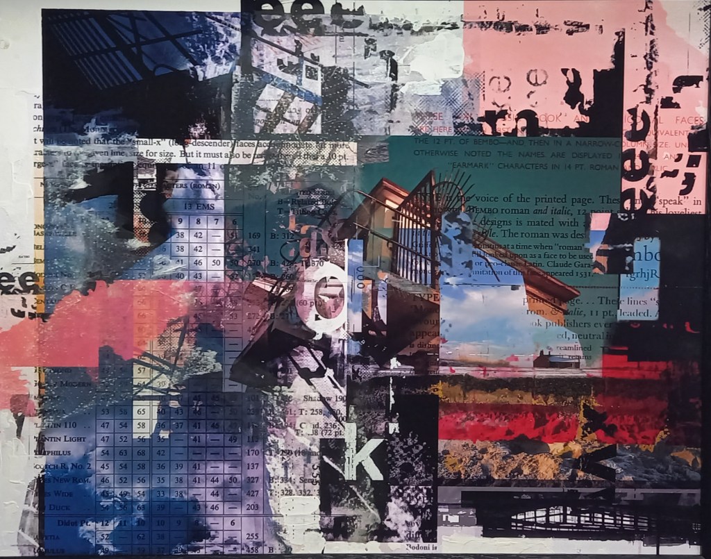 ‘Deconstructing the Construct’
   
The work is derived from personal experience, memory, encounter, and thought. The imagery that forms the inspiration for ‘Fragments’, is predominately taken from the North-East and brings together many 
disparate and contrasting elements that I encounter, often over 
prolonged periods of time. Reporting on daily experiences, putting down what I see in unique visual terms. I am fascinated with 
structures, buildings, signs, symbols, detritus and discarded elements that are the fabric of our towns and cities.  I take inspiration from the world around me, with a compulsion to do something about and with it. Everything I use is relative, and everything is acceptable. 
Multiplicity, variation, and inclusion are essential in the 
compositions.


Much of the work is built up with fragments of imagery that lose their original context, purpose, or identity, as they become absorbed into the compositions. There is a loss of pictorial definition between the photographic source and its subsequent re-worked appearance, as it is subjected to a series of stages that alters its original 
characteristics, enabling the reality of the image to flee, leaving only a crude, and faded memory. 
Multiple images are layered and positioned for their visual appeal as shapes and forms, as opposed to any obvious correlation between 
themselves.


Clues to original location, time and place become confused, as the 
imagery is conjoined, morphed, and juxtaposed, creating jarring 
narratives. As a series of works, they tell their own stories. They are a visual document of my experience. 
Text is also a crucial, integral, and recurring element in all of the work. Wording in books, song lyrics and titles, street signage, 
packaging are but a few of the sources that I use. Text forms the titles or inspires the creation of a particular work. The written word adds a wholly different dimension, as it can inform, add meaning, 
instigate, or mislead the viewer. I am interested in the appropriation of text in different visual contexts, it can be a distraction from the other elements, as we tend to rely on words for instruction, meaning and validation, but type is also beautiful in itself, with its 
variable shapes and forms that serve as a pure visual inclusion to the compositions.
