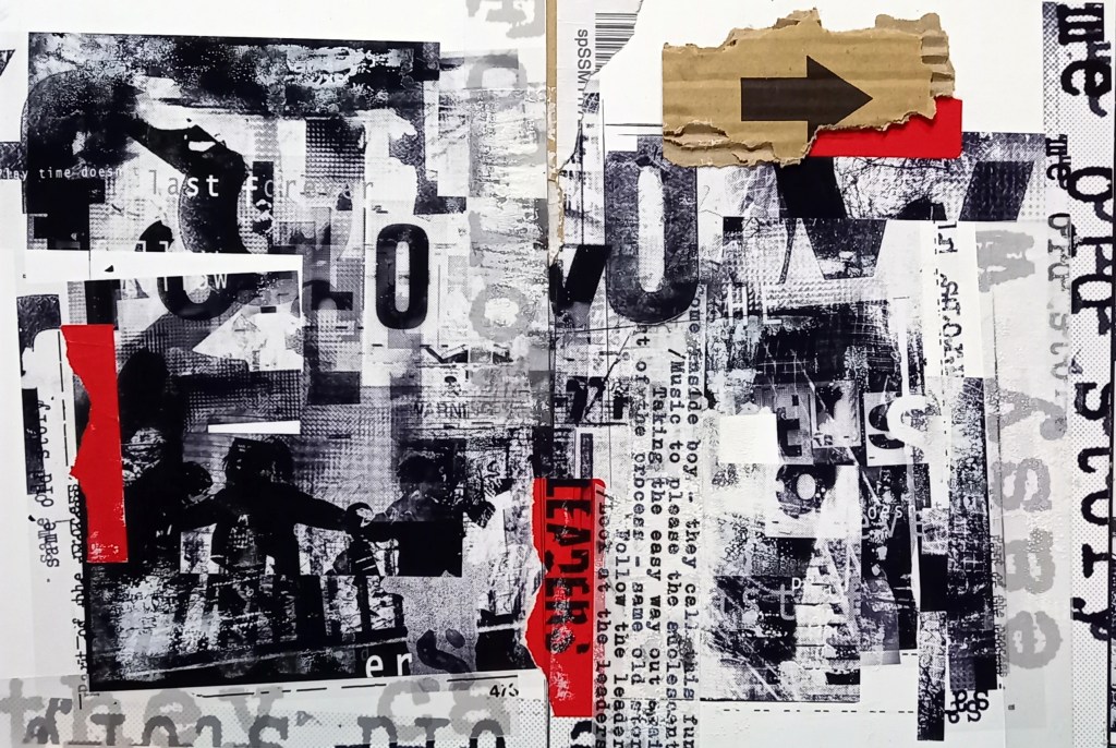 Digital composition - Killing Joke - Artwork- Mixed Media - Dystopian
Follow The Leaders
The lyrics from the song 'Follow the Leaders' from the Killing Joke album ‘What’s this for’, is a probable reference to the then British Prime Minister, Margaret Thatcher, as well as the people who will follow anyone with a stronger personality than them. How things have not changed in 40 years!
My personal visual response to this song shows children in a circle holding hands going round and round, is representative of a population being led a merry dance by the dictates of our leaders. The lyric ‘same old story’ also visible in the composition, surely speaks for itself. There is a dark cloudlike shape, threateningly hanging above the playing children, alluding to a constant threat from our World Leader’s decisions. ‘Playtime doesn’t last forever’ which again is a lyric from the song, is equally important in supporting this aspect of the artwork.
The partially visible figure in the foreground, creates a menacing presence, as it appears to approach the children and light flare. Look at this in context of the song and the other visual clues in the work. It is not more sinister than that!
Overall, text is embedded in the layering of the composition, with ‘Follow the Leaders’ being clearly visible, but parts of it disintegrate into the background, adding to the confusion and melee of the competing elements within the framework.