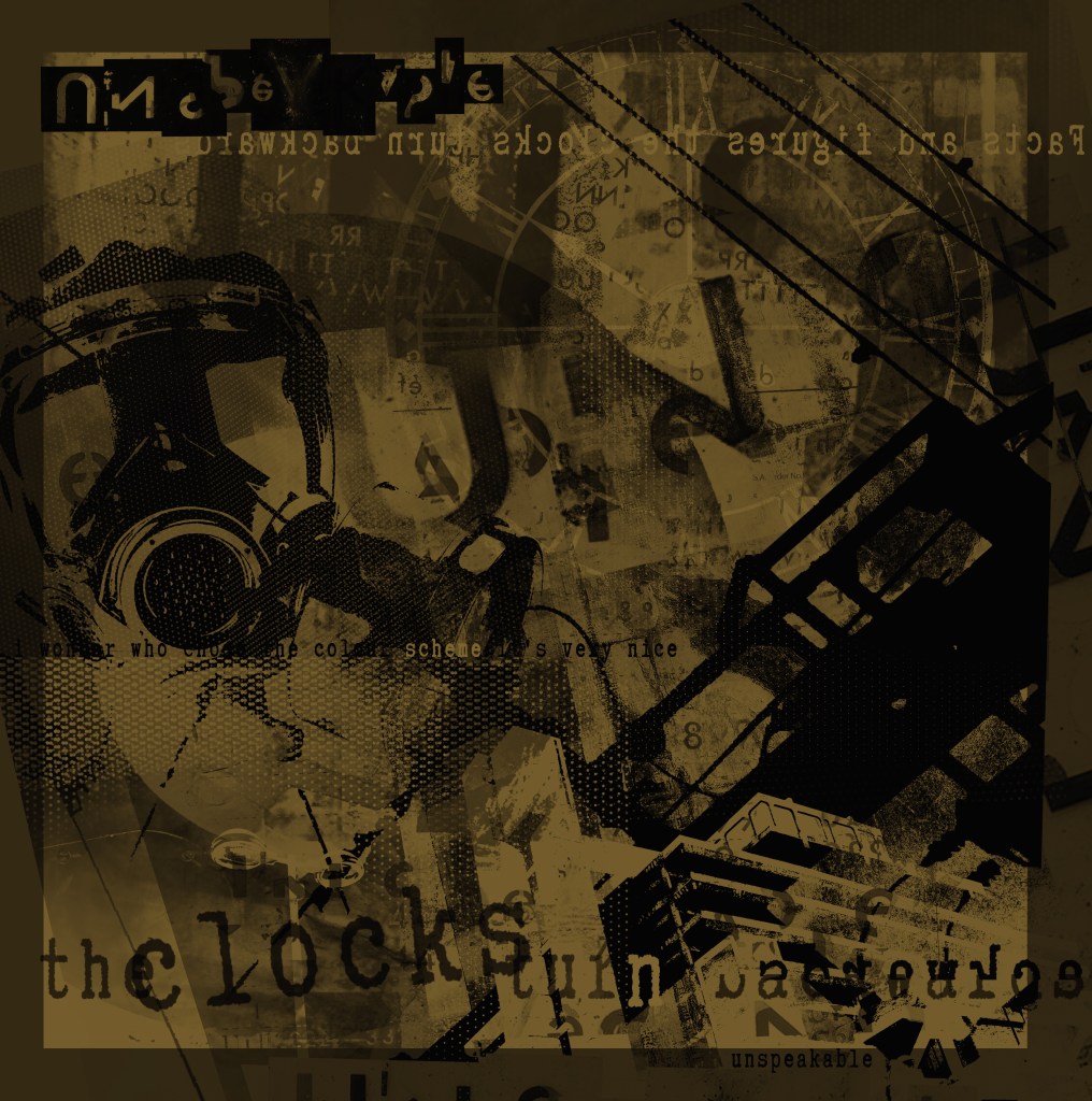 Unspeakable
One of the larger full colour Digital Composites, that are printed on aluminium. ‘Unspeakable’ is the third track on the album ‘What’s this for’, and this visual response combines an array of jumbled imagery that does not intend to create a new narrative, but only as a response at the time of creating the work. An industrial backdrop that combines lyrics and numbers, semi-indecipherable text that permeates the composition, making the viewer look closely into the layered textures. possibly revealing elements that were not apparent at first glance. The standout gas mask image is representational of what? The on-going global pandemic? The suffocation and inability to breath in a future existence with a polluted world? The continued threat of a nuclear war? Or perhaps a reflection of anxieties that seem to permeate so many of our lives? There is a purposeful ambiguity in the works, and I want the viewer to be responsible for making their own narrative and versions of what they see.