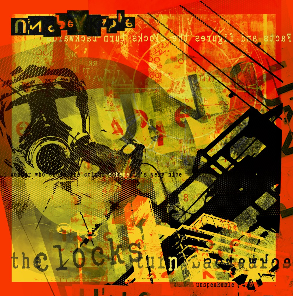 Unspeakable
One of the larger full colour Digital Composites, that are printed on aluminium. ‘Unspeakable’ is the third track on the album ‘What’s this for’, and this visual response combines an array of jumbled imagery that does not intend to create a new narrative, but only as a response at the time of creating the work. An industrial backdrop that combines lyrics and numbers, semi-indecipherable text that permeates the composition, making the viewer look closely into the layered textures. possibly revealing elements that were not apparent at first glance. The standout gas mask image is representational of what? The on-going global pandemic? The suffocation and inability to breath in a future existence with a polluted world? The continued threat of a nuclear war? Or perhaps a reflection of anxieties that seem to permeate so many of our lives? There is a purposeful ambiguity in the works, and I want the viewer to be responsible for making their own narrative and versions of what they see.